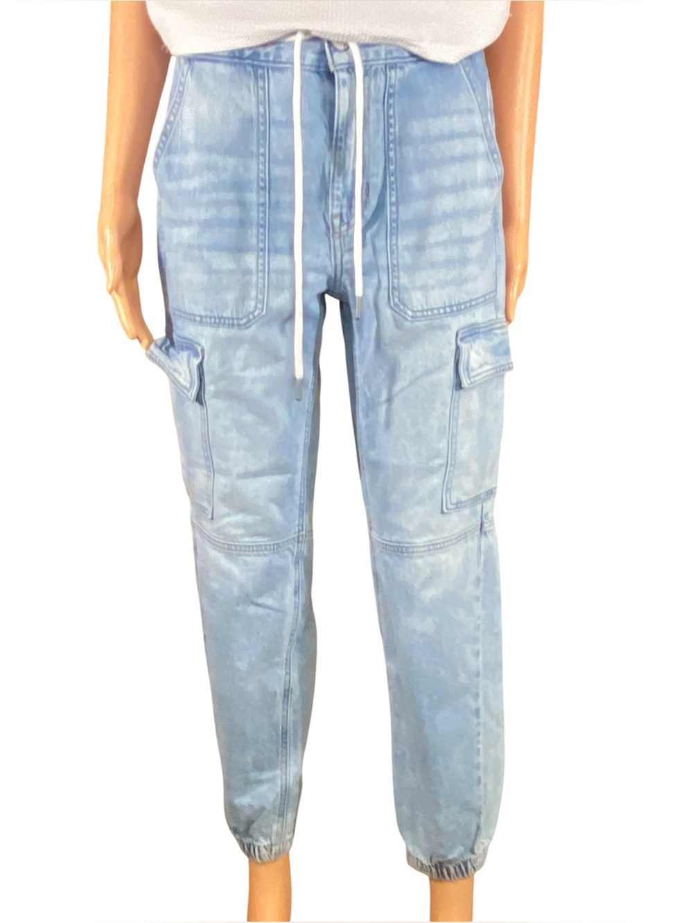 American Eagle Denim Cargo Joggers Drawstring Waist High Rise Carpenter Size 2